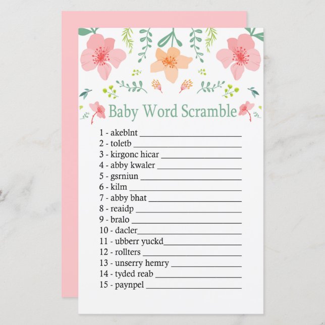 Fleurs pastel Baby mot scramble jeu (Devant / Derrière)