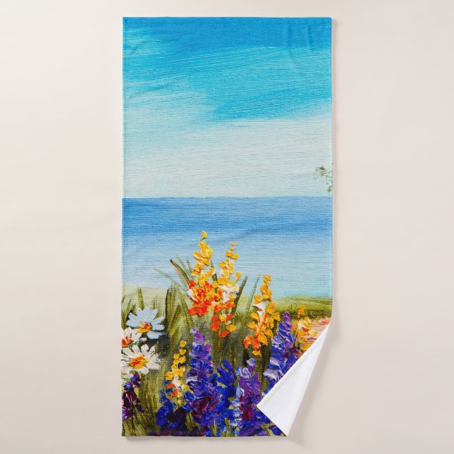 fleurs peintes à l'huile près de la mer, champ de  (Serviette de bain)