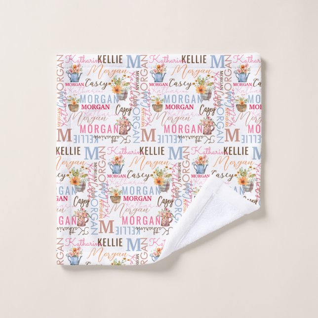 Fleurs peintes avec nom et collage Monogramme (Gant de toilette)