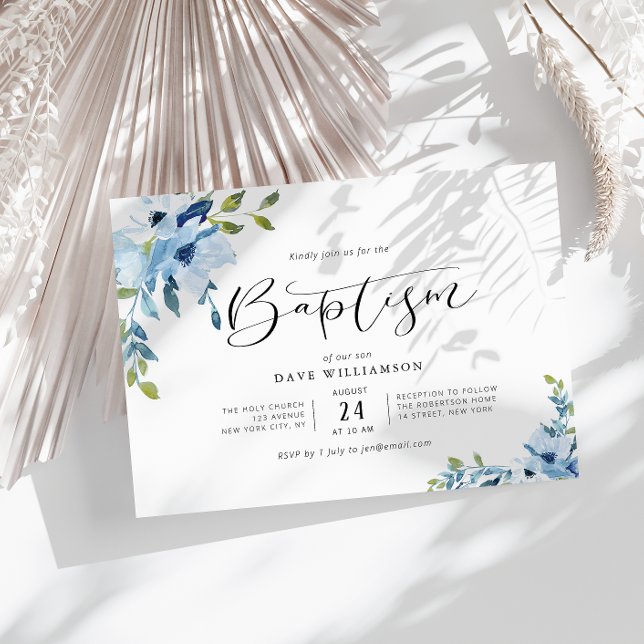Fleurs peintes bleues invitation au baptême (Créateur téléchargé)