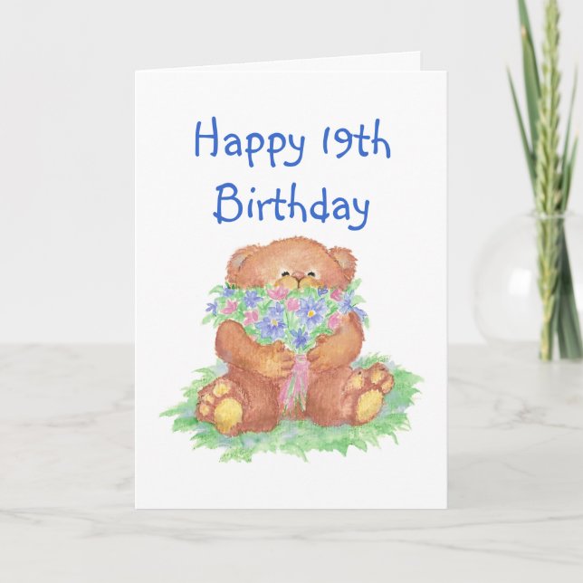 Fleurs pour 19e anniversaire, carte d'ours en pelu (Devant)