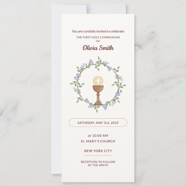 Fleurs pourpres Wreath First Communion Invitation (Devant)