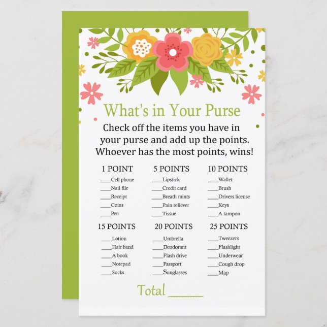 Fleurs Qu'est-ce qu'il y a dans votre sac à main (Devant / Derrière)