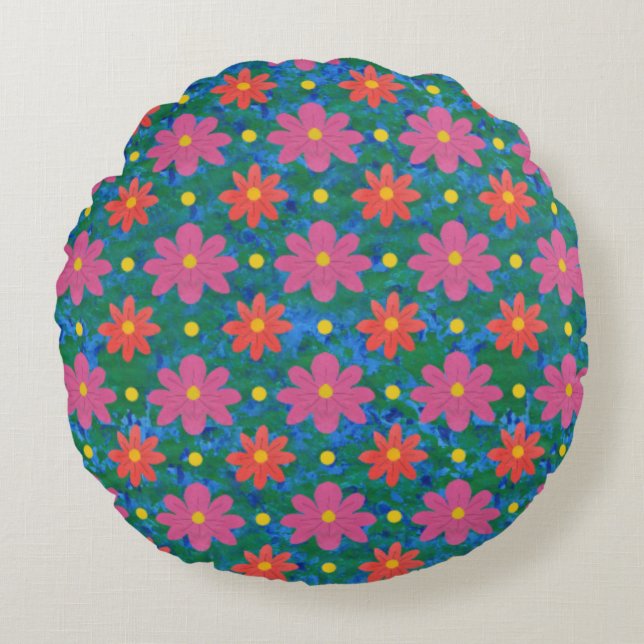 Fleurs Rangoli, Pois sur Coussin Rond Bleu (Devant)
