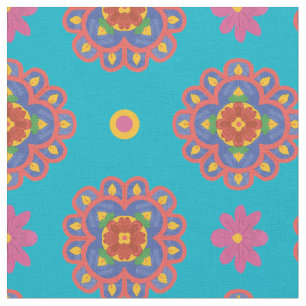 Fleurs Rangoli, Pois sur tissu turquoise