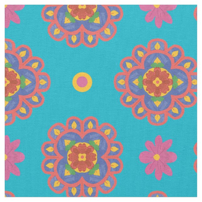 Fleurs Rangoli, Pois sur tissu turquoise (Fermer)