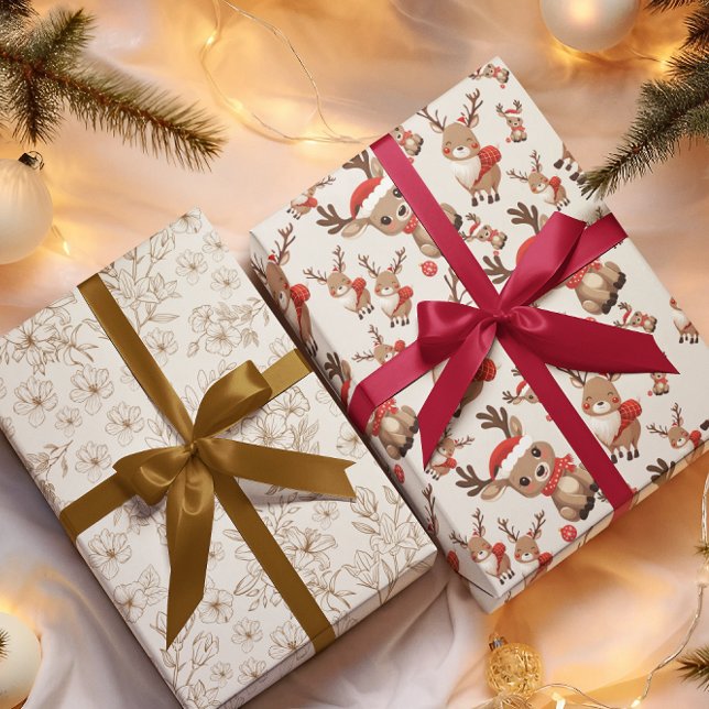 Fleurs, rayures et rennes Papier d'enveloppement d (Créateur téléchargé)