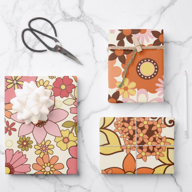 Fleurs rétro 1960 - Jeu de 3 feuilles (Recto)