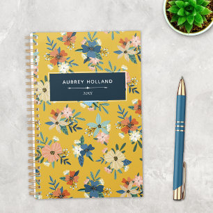 Fleurs Rétro Motif Floral Bleu Jaune Rosé