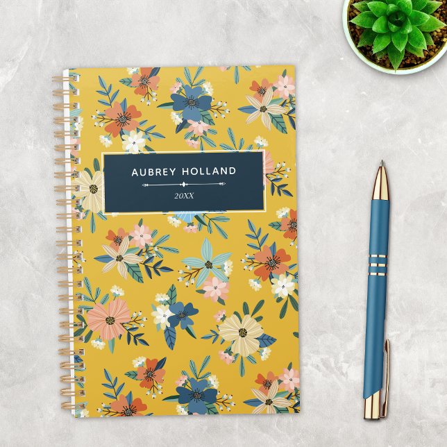 Fleurs Rétro Motif Floral Bleu Jaune Rosé (Créateur téléchargé)