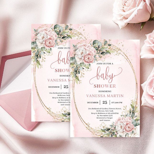 Fleurs Rose Blush Eucalyptus Invitation Bébé Fille (Blush Pink Flowers Eucalyptus Baby Girl Invite)