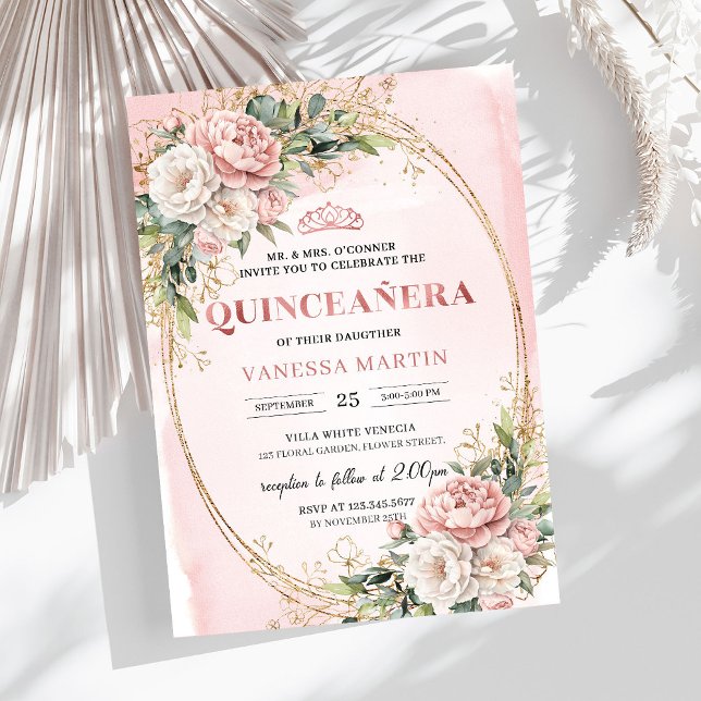Fleurs Rose Blush Eucalyptus Invitation Quinceañer (Blush Pink Flowers Eucalyptus Quinceañera Invite)