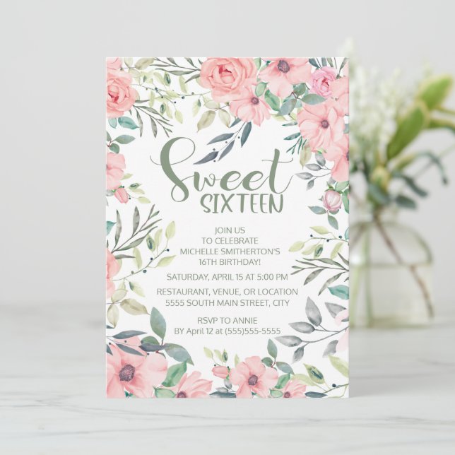 Fleurs Rose Blush Feuilles Vert Sauge Sweet 16 (Debout devant)