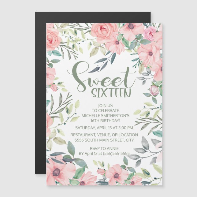 Fleurs Rose Blush Feuilles Vert Sauge Sweet 16 (Devant / Derrière)