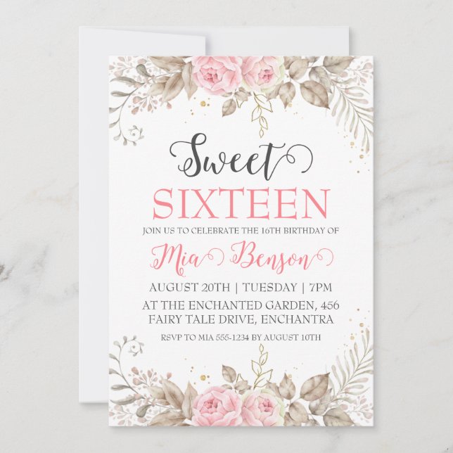fleurs rose or doux 16 invitations anniversaire (Devant)