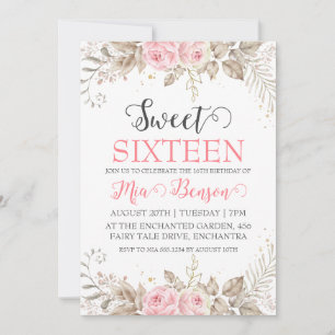 fleurs rose or doux 16 invitations anniversaire