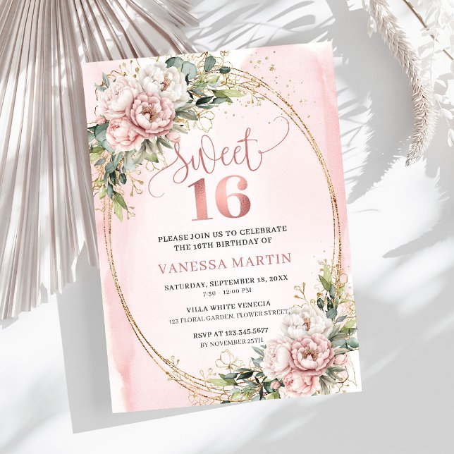 Fleurs Rose Poussiéreux Invitation Eucalyptus Swee (Dusty Pink Flowers Eucalyptus Sweet 16 Invitation)