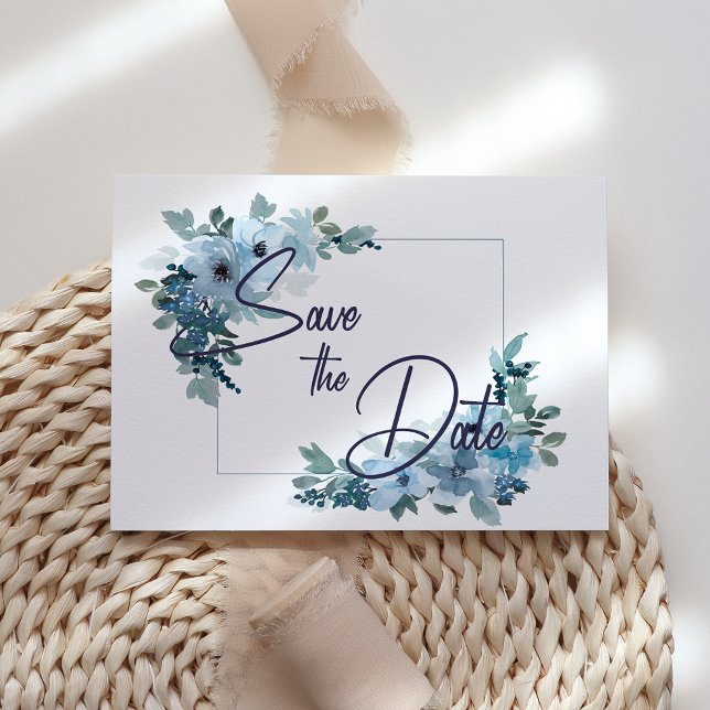 Fleurs Roses Aquarelle Bleu Pastel Save The Date (Créateur téléchargé)