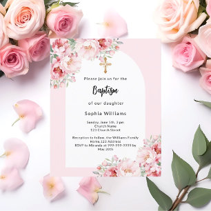 Fleurs roses arc or fille baptême invitation