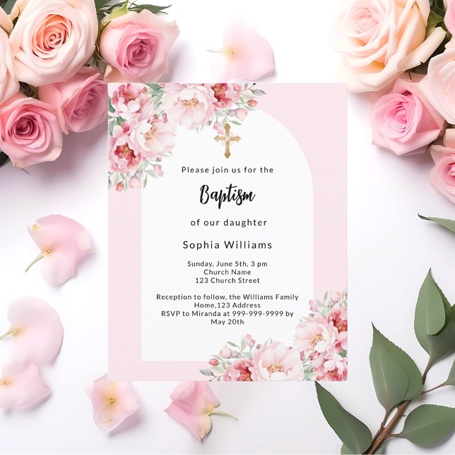 Fleurs roses arc or fille baptême invitation (Créateur téléchargé)