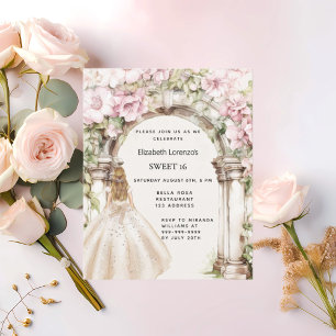 Fleurs roses arc robe blanche Sweet 16 invitation