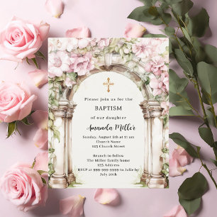 Fleurs roses arch beige fille Baptême invitation
