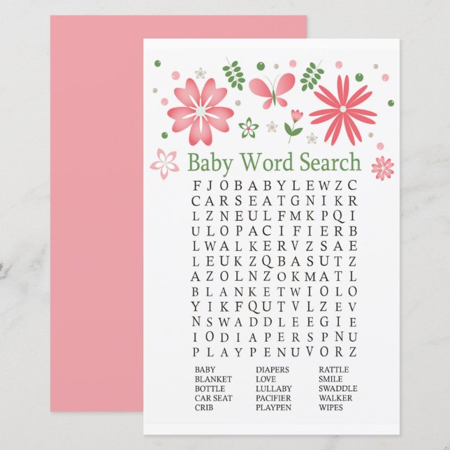 Fleurs roses Baby shower Word Recherche Jeu (Devant / Derrière)