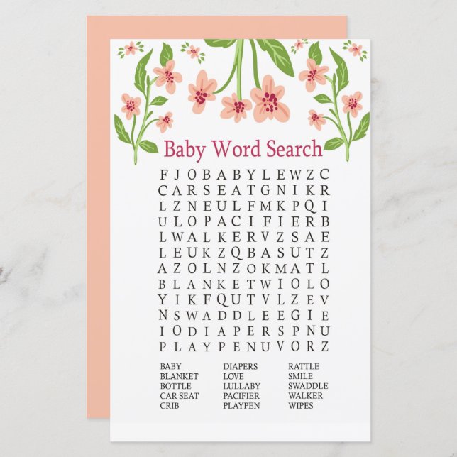 Fleurs roses Baby shower Word Recherche Jeu (Devant / Derrière)