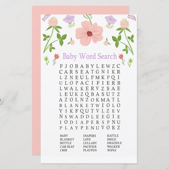 Fleurs roses Baby shower Word Recherche Jeu (Devant / Derrière)