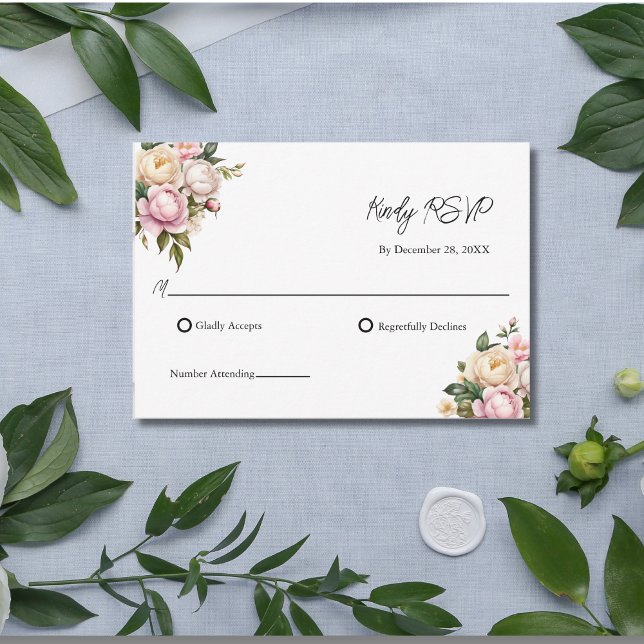 Fleurs Roses Blanches et Roses Tendres Élégant RSV (Blush Pink White Cream Roses Wedding RSVP Card)