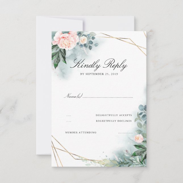 Fleurs Roses Blush Élégant Cadres Or Mariage RSVP (Devant)