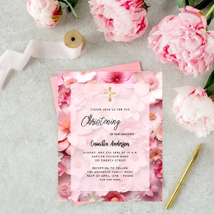 Fleurs roses budget fille Christening invitation