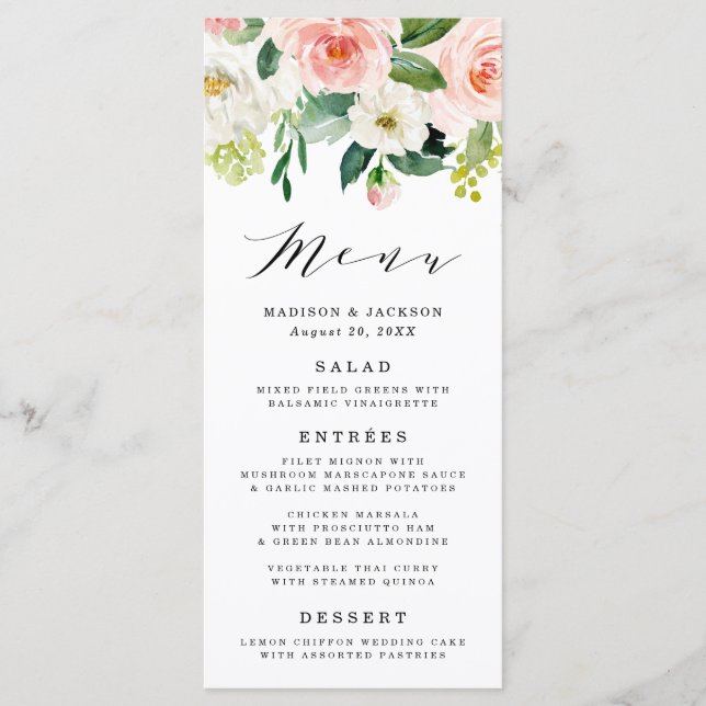 Fleurs Roses | Carte de Menu de Mariage (Devant)