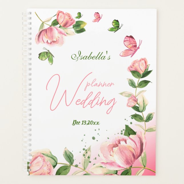 fleurs roses chaudes vert feuille papillons mariag (Devant)