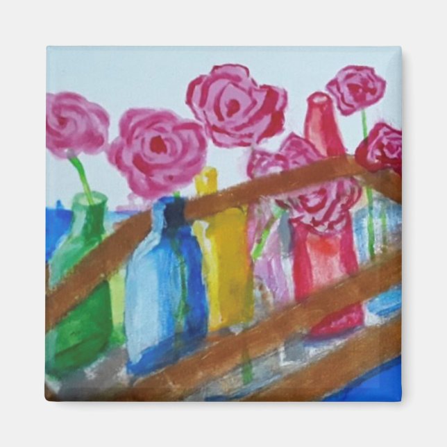 fleurs roses dans les vases aimant de peinture (Devant)