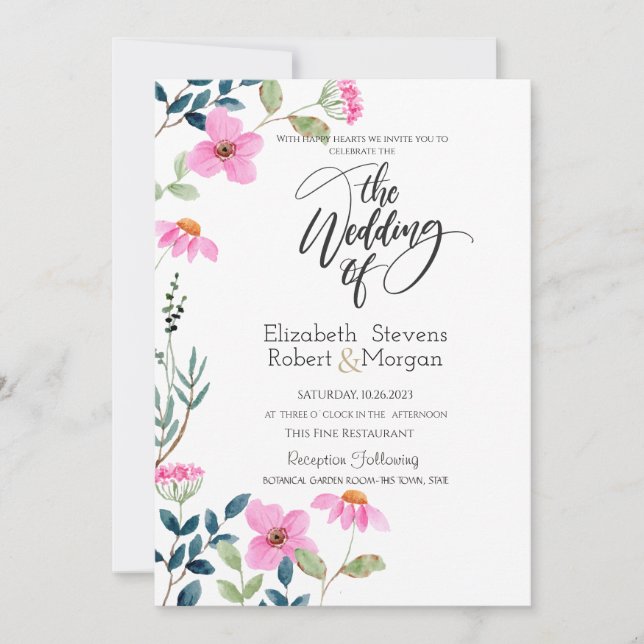 Fleurs roses de jardin Invitation de mariage (Devant)