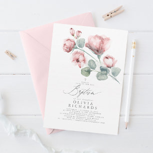 Fleurs Roses Dusty Invitation Baptême