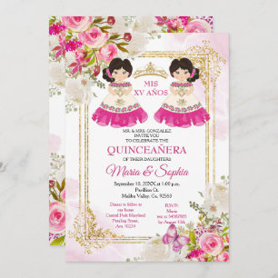 Fleurs roses et blanches Invitation Twin Quinceane