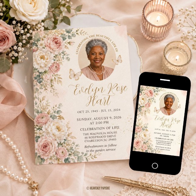 Fleurs roses et blanches pour faire-part de funéra (blush pink ivory peonies roses greenery floral photo funeral memorial celebration of life invite)