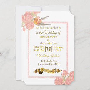 Fleurs roses et d'or et invitations de mariage d'o