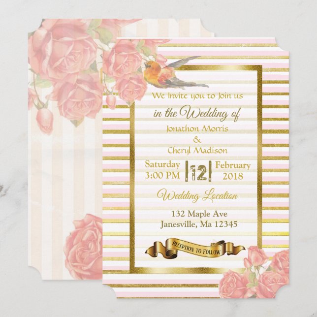 Fleurs roses et d'or et invitations de mariage d'o (Devant / Derrière)