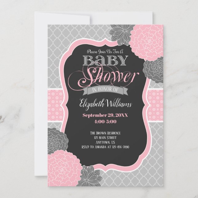 Fleurs roses et gris Baby shower Invitation (Devant)