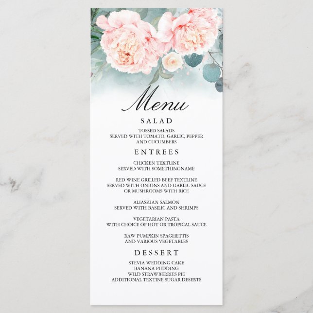 Fleurs roses et Menus Mariages de verdure (Devant)
