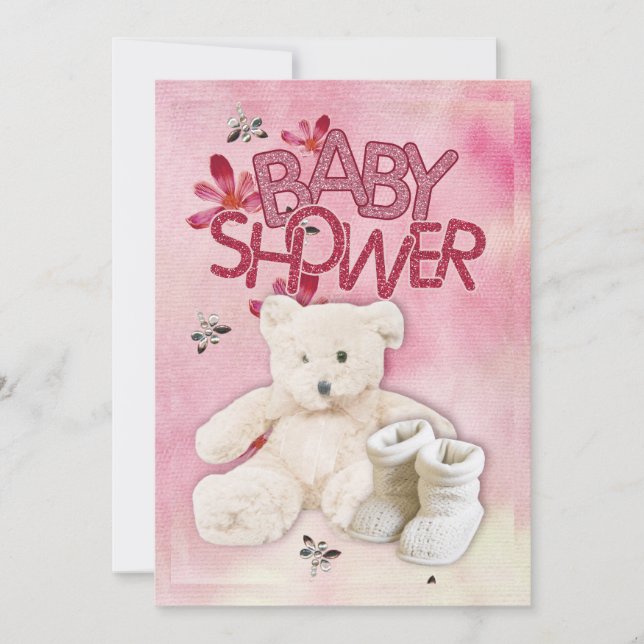 Fleurs roses et Nounours Babydouches Invitation (Devant)