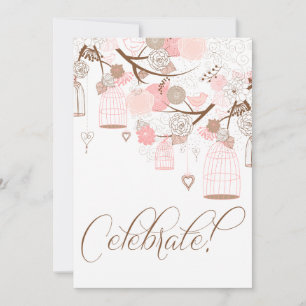 Fleurs roses et oiseaux Invitations d'anniversaire