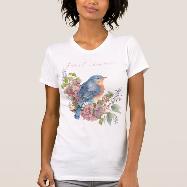 Fleurs roses et T-shirt femme oiseau bleu (Devant)