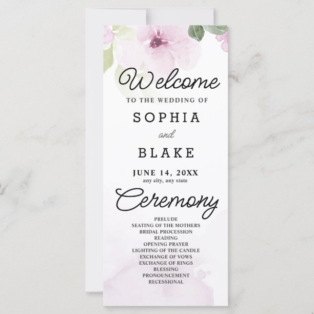 Fleurs roses et verdure Programme de mariage blanc (Devant)