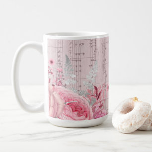 fleurs roses feuille de musique tasse de café