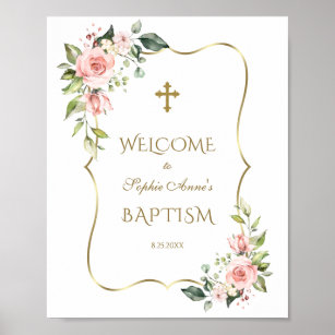 Fleurs roses Gold Frame Affiche de bienvenue Baptê