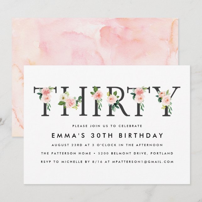 Fleurs Roses | Invitation pour une fête d'annivers (Devant / Derrière)